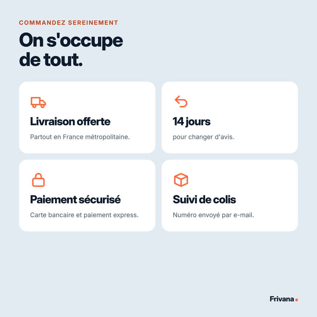 Livraison offerte, 14 jours pour changer d'avis, paiement sécurisé, suivi de colis