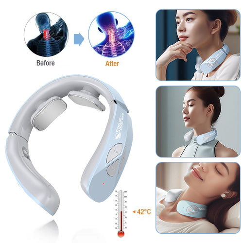 Masseur cervical chauffant EMS rechargeable, bleu lac